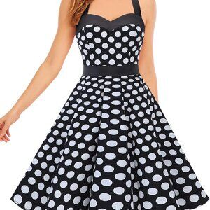 Women's Vintage 1950s Halter Swing Dress Polka Dot Black White Medium